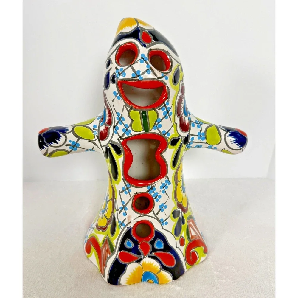 Talavera Style Ceramic Ghost Luminary Candle Holder Hand‎ Painted Folk Art